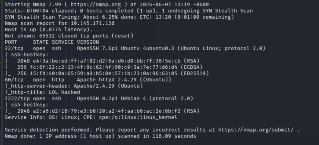 nmap results showing ports 22 SSH, 80 HTTP, and 2222 SSH backdoor open